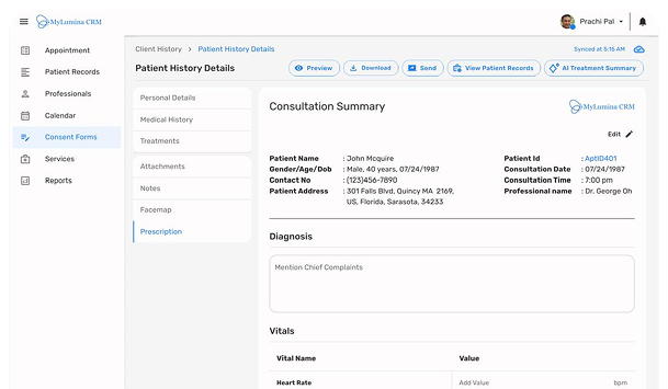 MyLumina CRM mobile dashboard interface for healthcare practice management