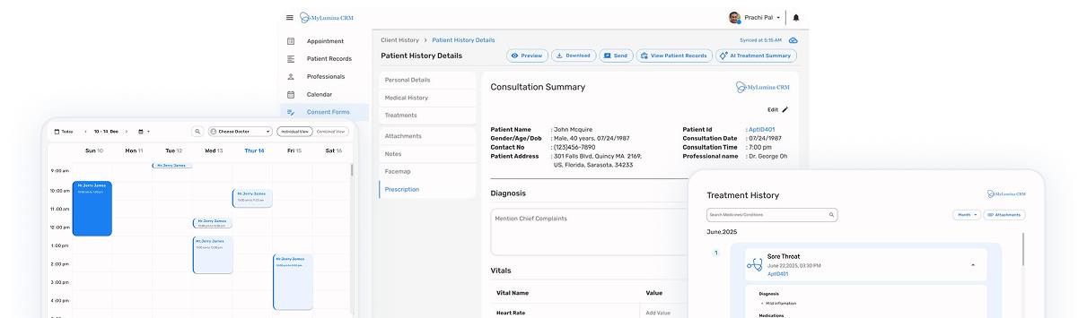 MyLumina CRM dashboard showing appointment scheduling, patient management, and billing interface